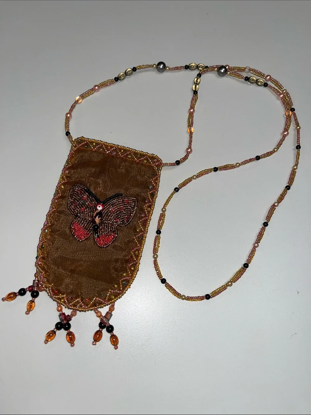 Source Unknown Brown Beaded Fringe Phone Case Charm w/ butterfly